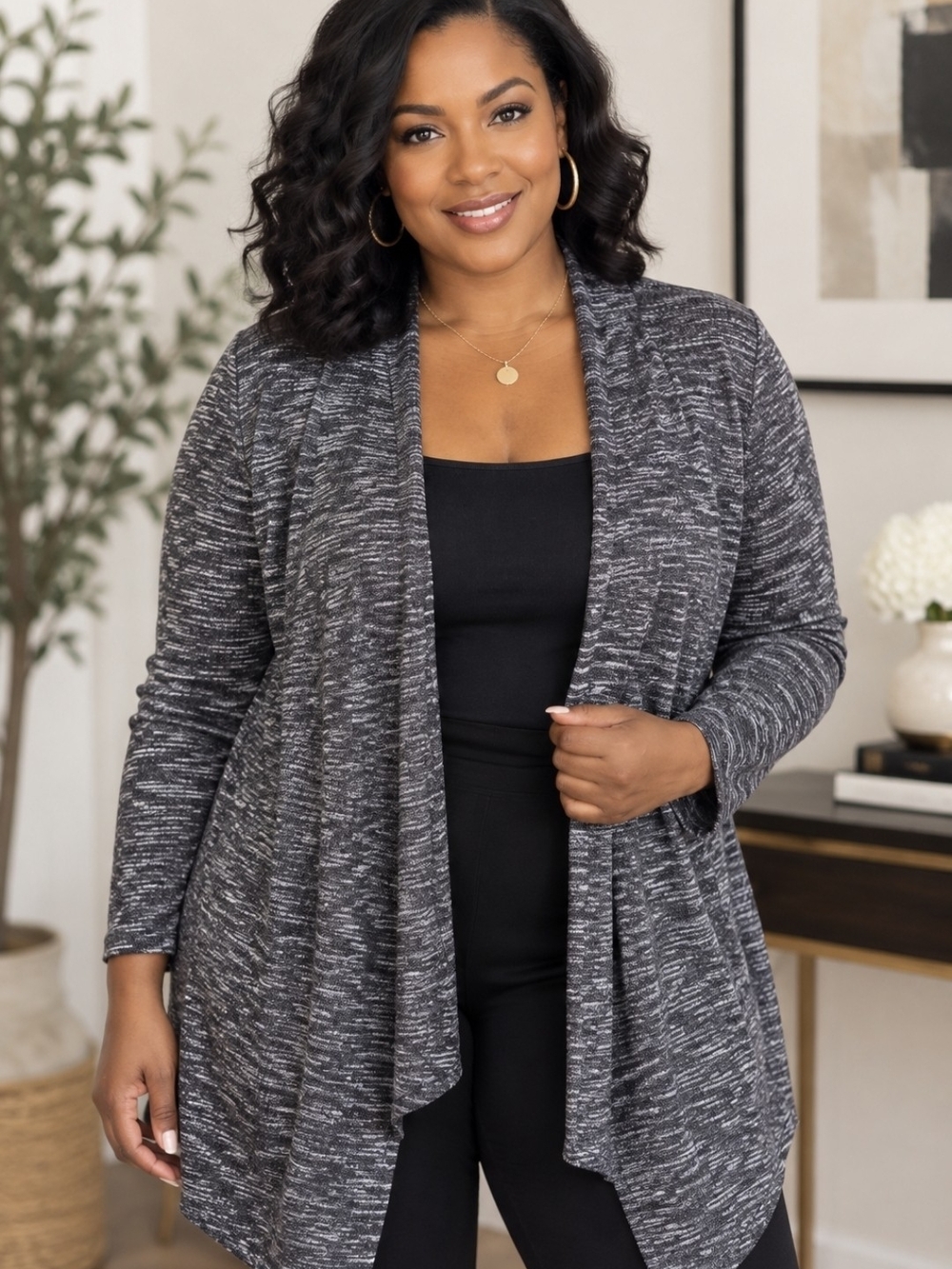 Open-Front Heathered Gray Cardigan - Size L - Excellent Condition